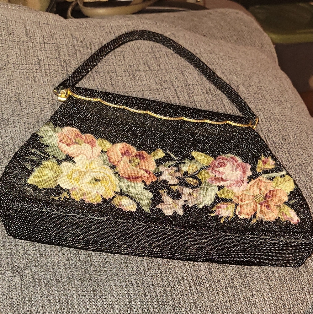 Vintage beaded Bag with Floral Stitched Front